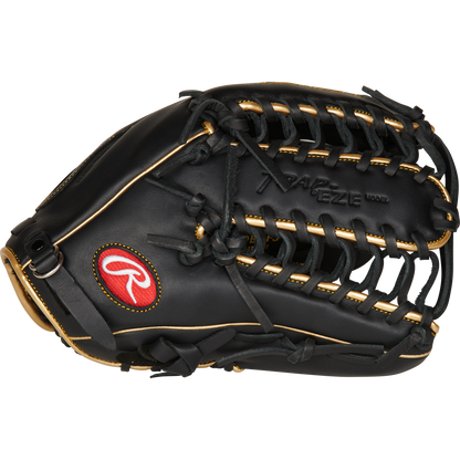 The Rawlings R9 12.75" Baseball Glove (R96019BGFS) features black leather, tan lacing, and a red Rawlings logo patch—perfect for youth baseball players. Displayed against a white background.