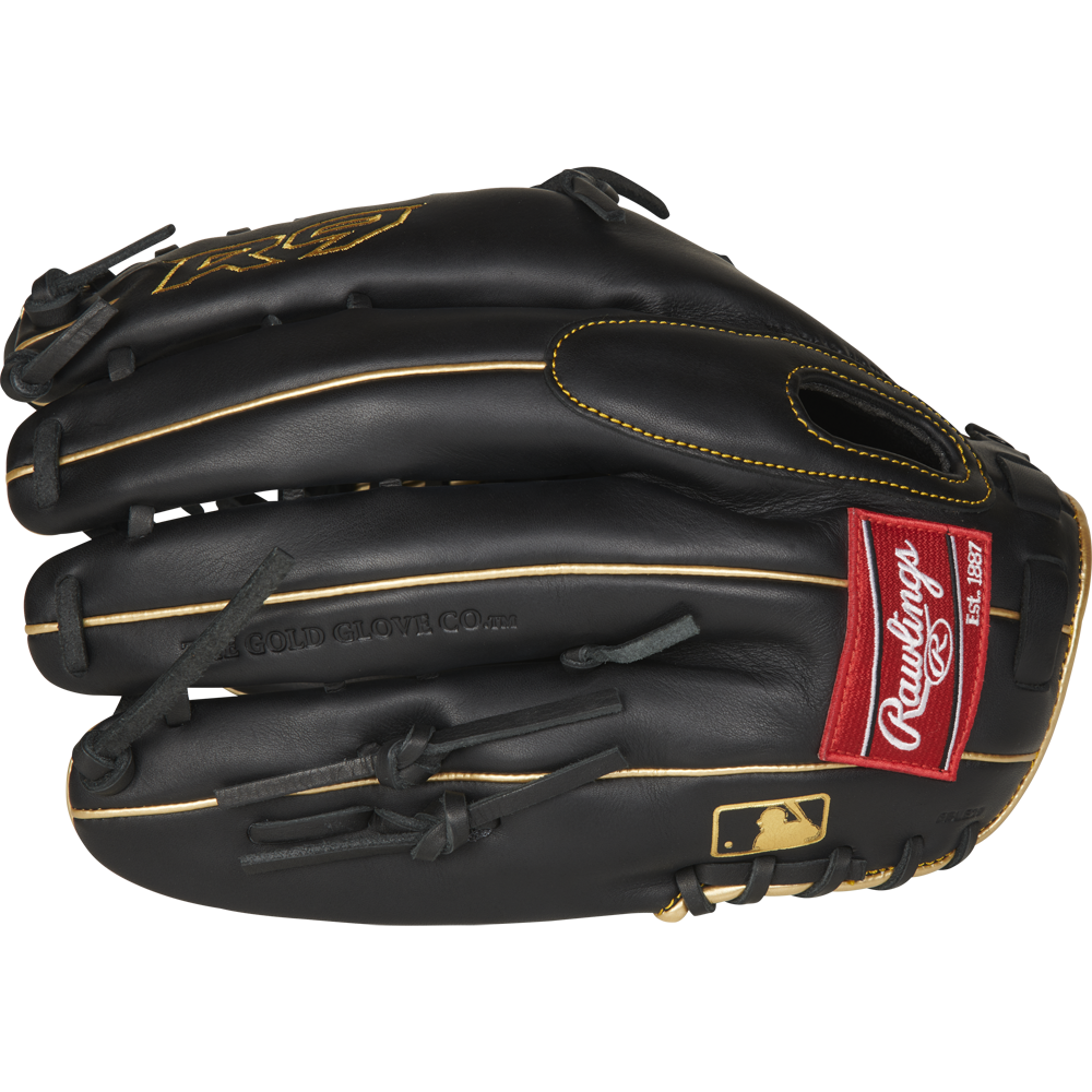 A Rawlings R9 12.75" Baseball Glove (R96019BGFS), black with gold stitching, a red Rawlings patch, and the MLB logo on the wrist strap, is displayed on a white background.