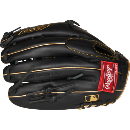 A Rawlings R9 12.75" Baseball Glove (R96019BGFS), black with gold stitching, a red Rawlings patch, and the MLB logo on the wrist strap, is displayed on a white background.