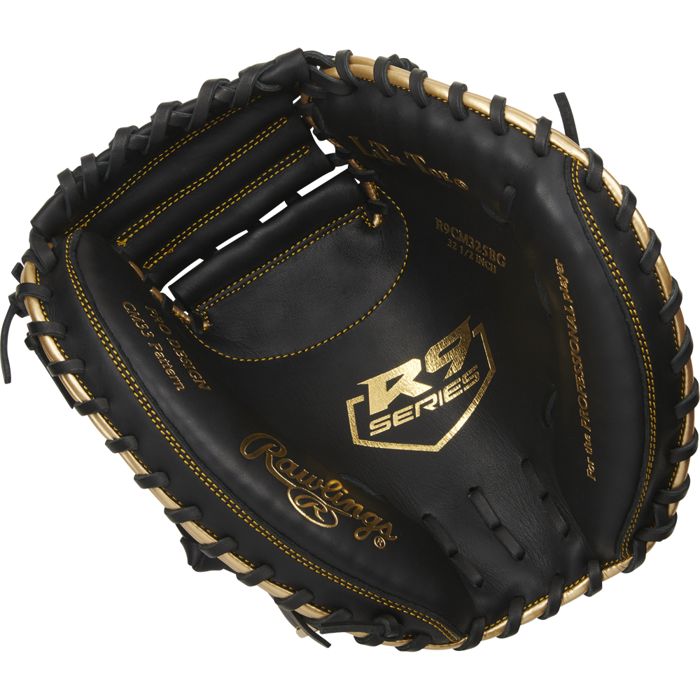 The Rawlings R9 32.5" Baseball Catcher's Mitt (R9CM325BG) is a black youth glove with tan lacing and gold accents, shown against a white background.