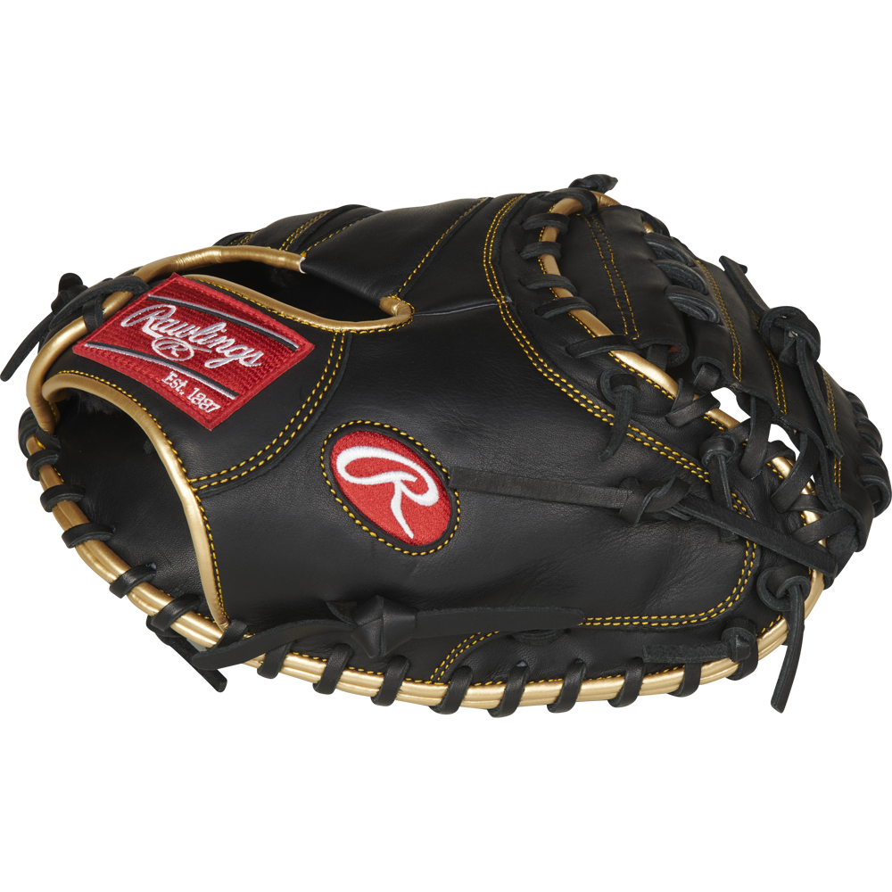A Rawlings R9 32.5" Catcher's Mitt (R9CM325BG) in black with tan laces and red Rawlings logos on the side and wrist, displayed against a plain white background.