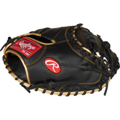 A Rawlings R9 32.5" Catcher's Mitt (R9CM325BG) in black with tan laces and red Rawlings logos on the side and wrist, displayed against a plain white background.