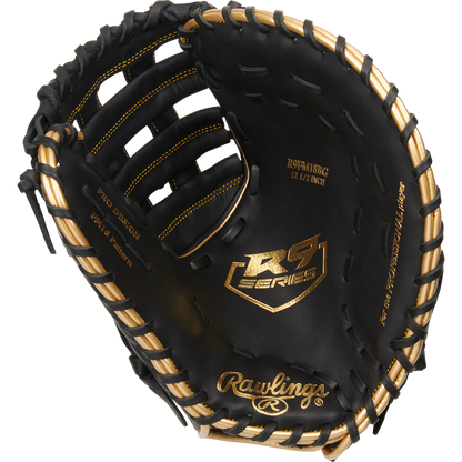The Rawlings R9 12.5" First Base Mitt (R9FM18BG) features black leather with tan lacing, gold stitching, printed palm logos, and an open design showing detailed interior and premium Rawlings branding.