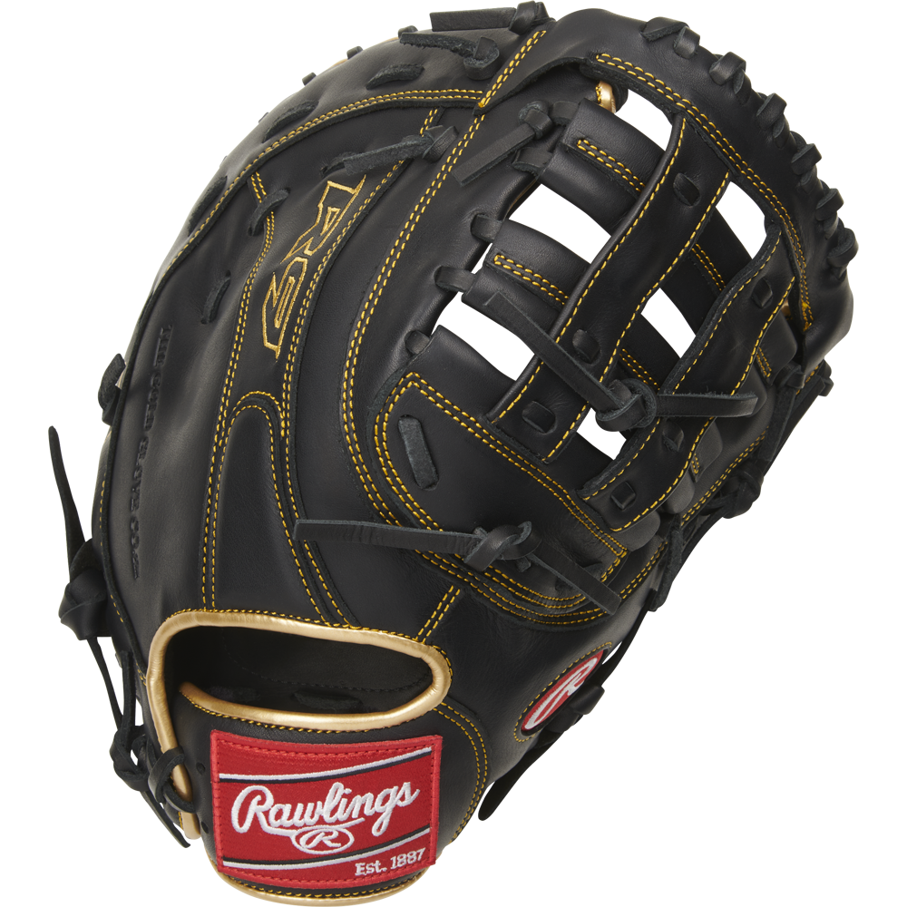 A Rawlings R9 12.5" Baseball First Base Mitt (R9FM18BG) in black with yellow stitching, tan accents, and a red Rawlings patch on the wrist is shown against a white background.