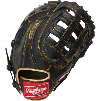 A Rawlings R9 12.5" Baseball First Base Mitt (R9FM18BG) in black with yellow stitching, tan accents, and a red Rawlings patch on the wrist is shown against a white background.