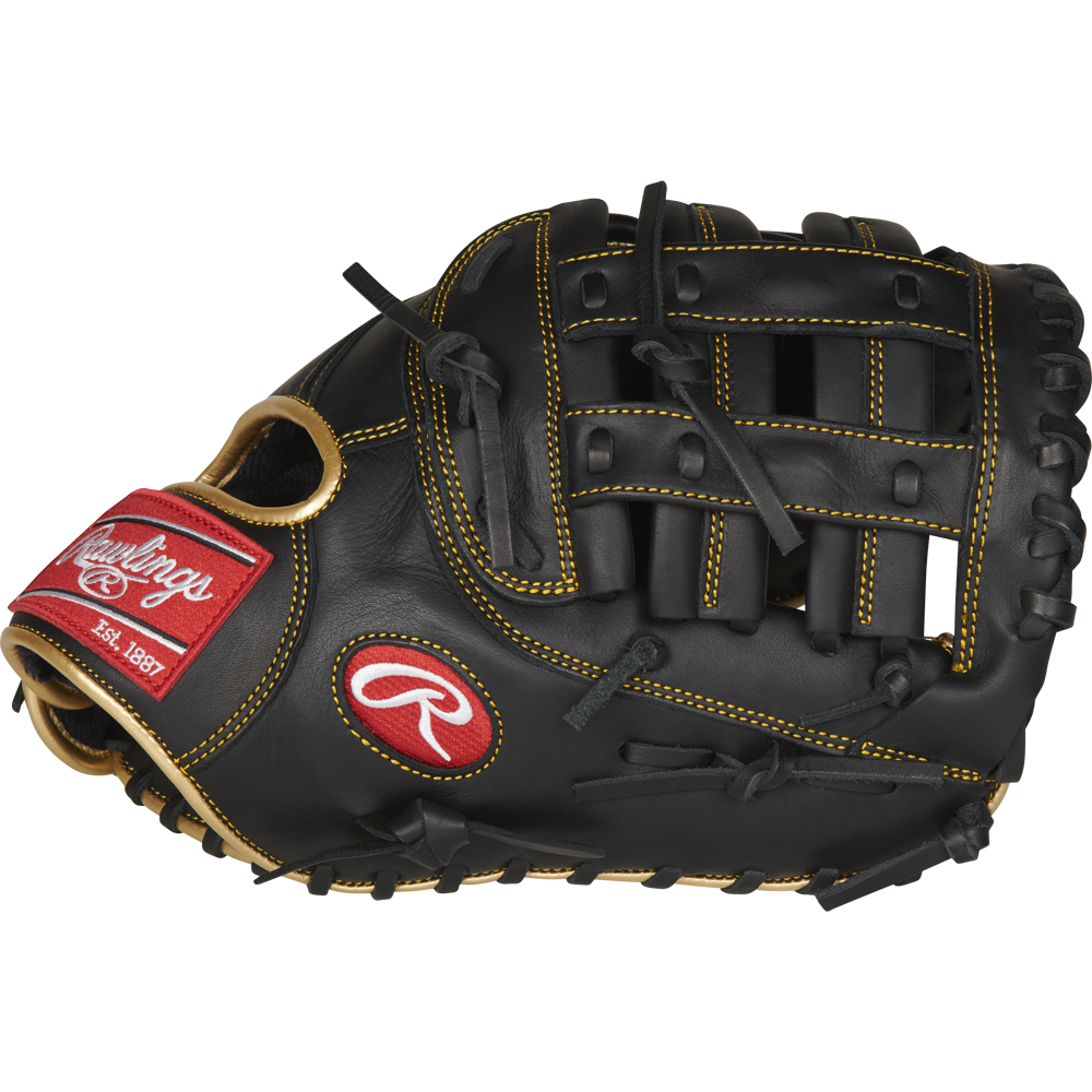 The Rawlings R9 12.5" Baseball First Base Mitt (R9FM18BG) is a black all-leather glove with yellow stitching, an open web design, and a red and white Rawlings logo patch, shown against a plain white background.