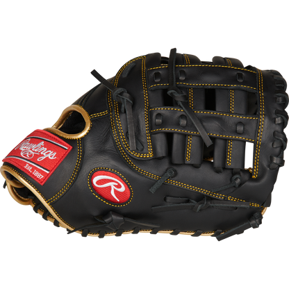 The Rawlings R9 12.5" Baseball First Base Mitt (R9FM18BG) is a black all-leather glove with yellow stitching, an open web design, and a red and white Rawlings logo patch, shown against a plain white background.
