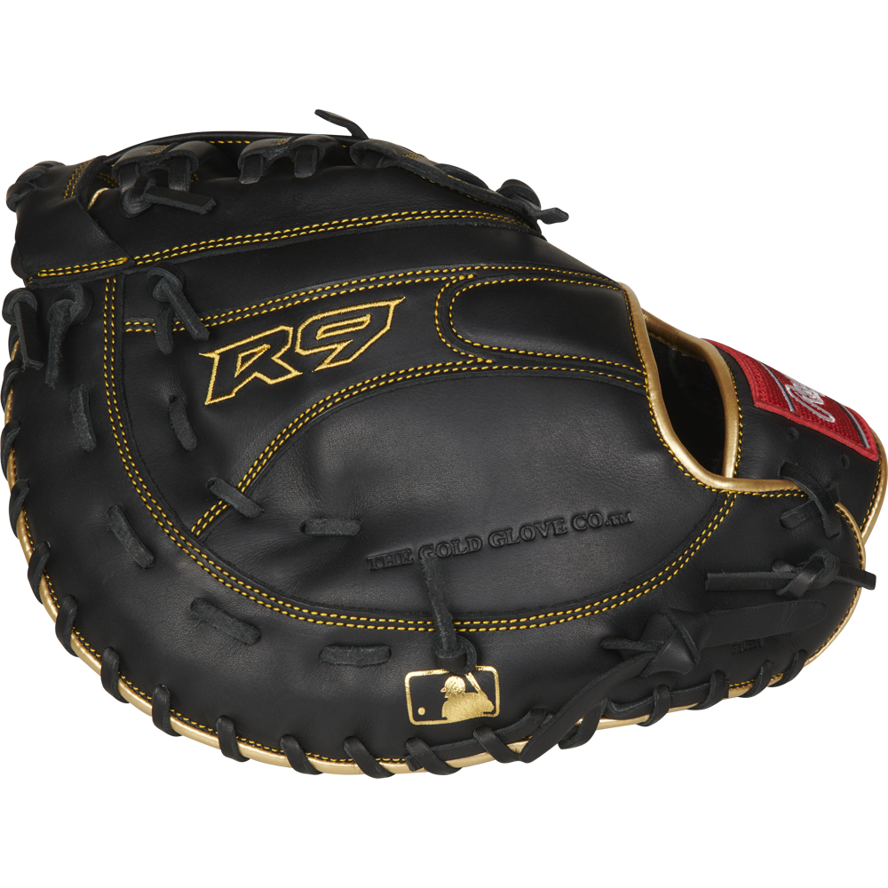 The Rawlings R9 12.5" Baseball First Base Mitt (R9FM18BG) features black and tan all-leather construction, yellow stitching, the R9 logo, and THE GOLD GLOVE CO. text embossed on the glove.