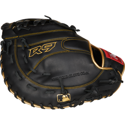 The Rawlings R9 12.5" Baseball First Base Mitt (R9FM18BG) features black and tan all-leather construction, yellow stitching, the R9 logo, and THE GOLD GLOVE CO. text embossed on the glove.