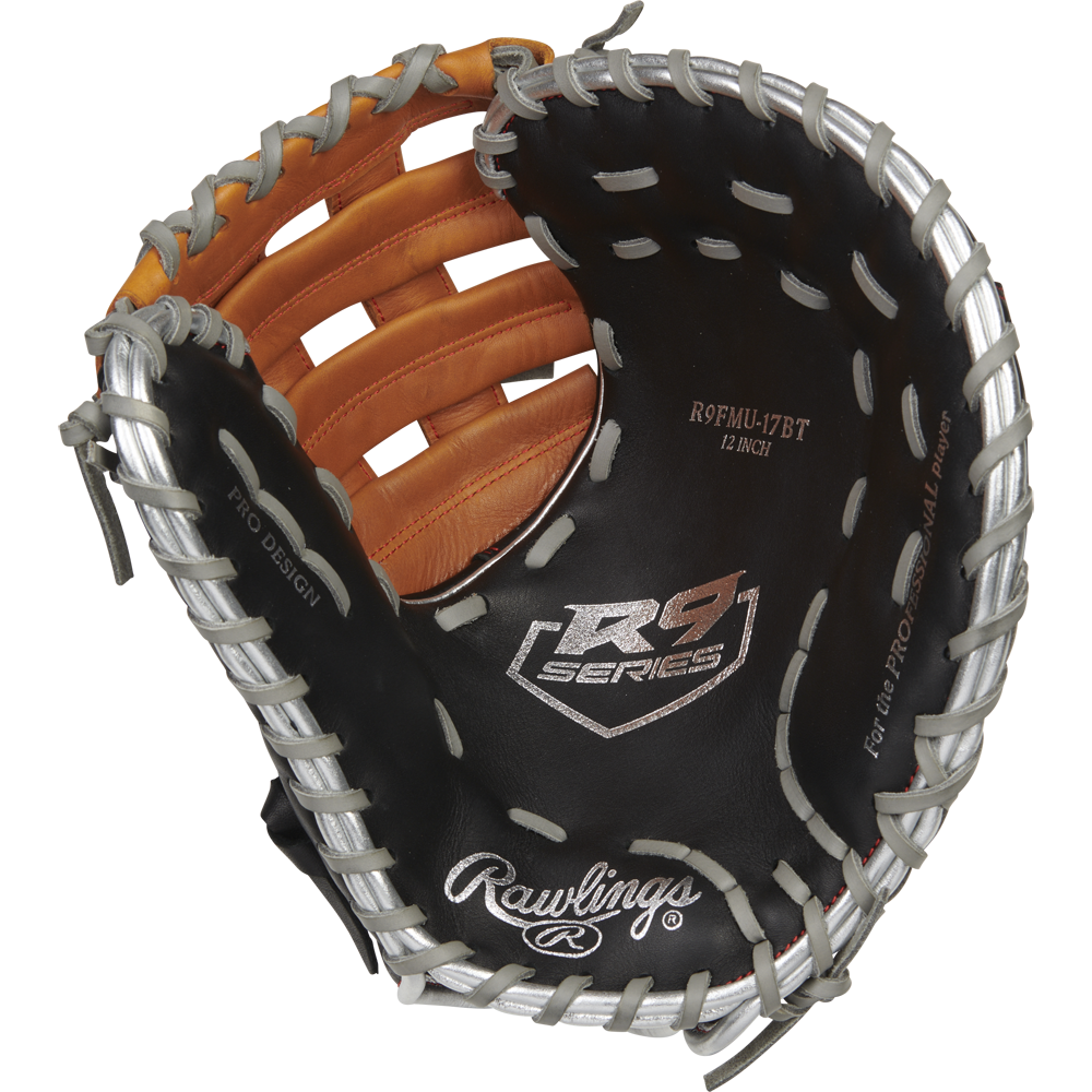 The Rawlings R9 12" ContoUR Baseball First Base Mitt (R9FMU-17BT) features a black and brown design with silver lacing, is crafted from game-ready leather, and has "12 INCH" printed on the inside palm.