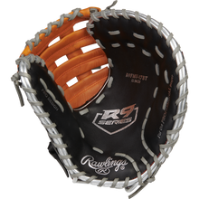 The Rawlings R9 12" ContoUR Baseball First Base Mitt (R9FMU-17BT) features a black and brown design with silver lacing, is crafted from game-ready leather, and has "12 INCH" printed on the inside palm.