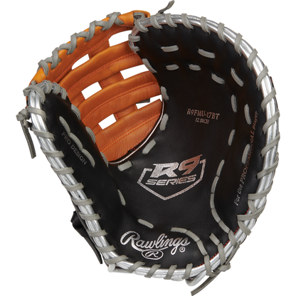 The Rawlings R9 12" ContoUR Baseball First Base Mitt (R9FMU-17BT) features a black and brown design with silver lacing, is crafted from game-ready leather, and has "12 INCH" printed on the inside palm.