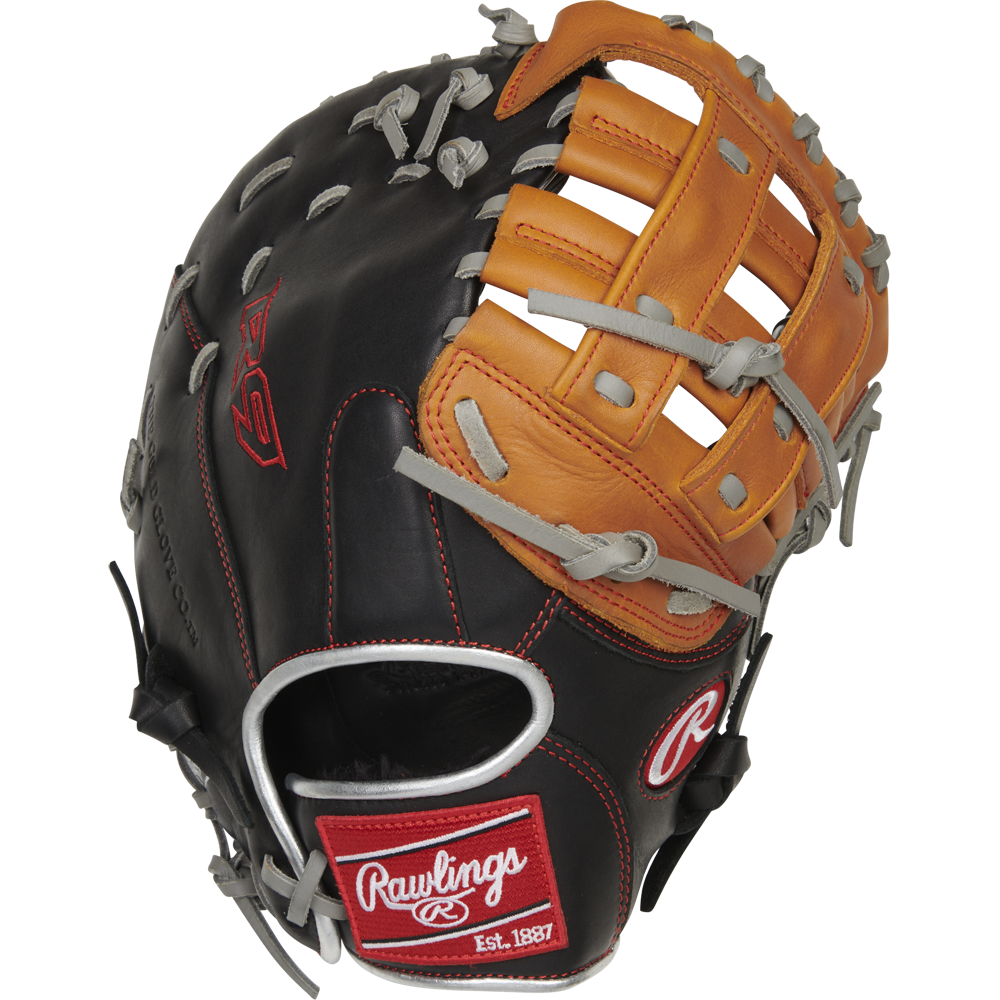 The Rawlings R9 12" ContoUR First Base Mitt (R9FMU-17BT) features black and tan game-ready leather, gray laces, red accents with a "Rawlings Est. 1887" patch, open web design, and visible stitching.