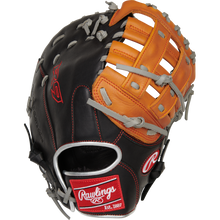 The Rawlings R9 12" ContoUR First Base Mitt (R9FMU-17BT) features black and tan game-ready leather, gray laces, red accents with a "Rawlings Est. 1887" patch, open web design, and visible stitching.