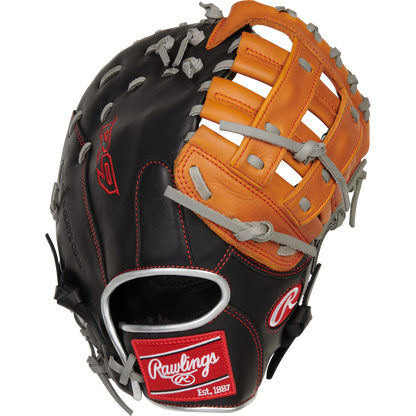 The Rawlings R9 12" ContoUR First Base Mitt (R9FMU-17BT) features black and tan game-ready leather, gray laces, red accents with a "Rawlings Est. 1887" patch, open web design, and visible stitching.