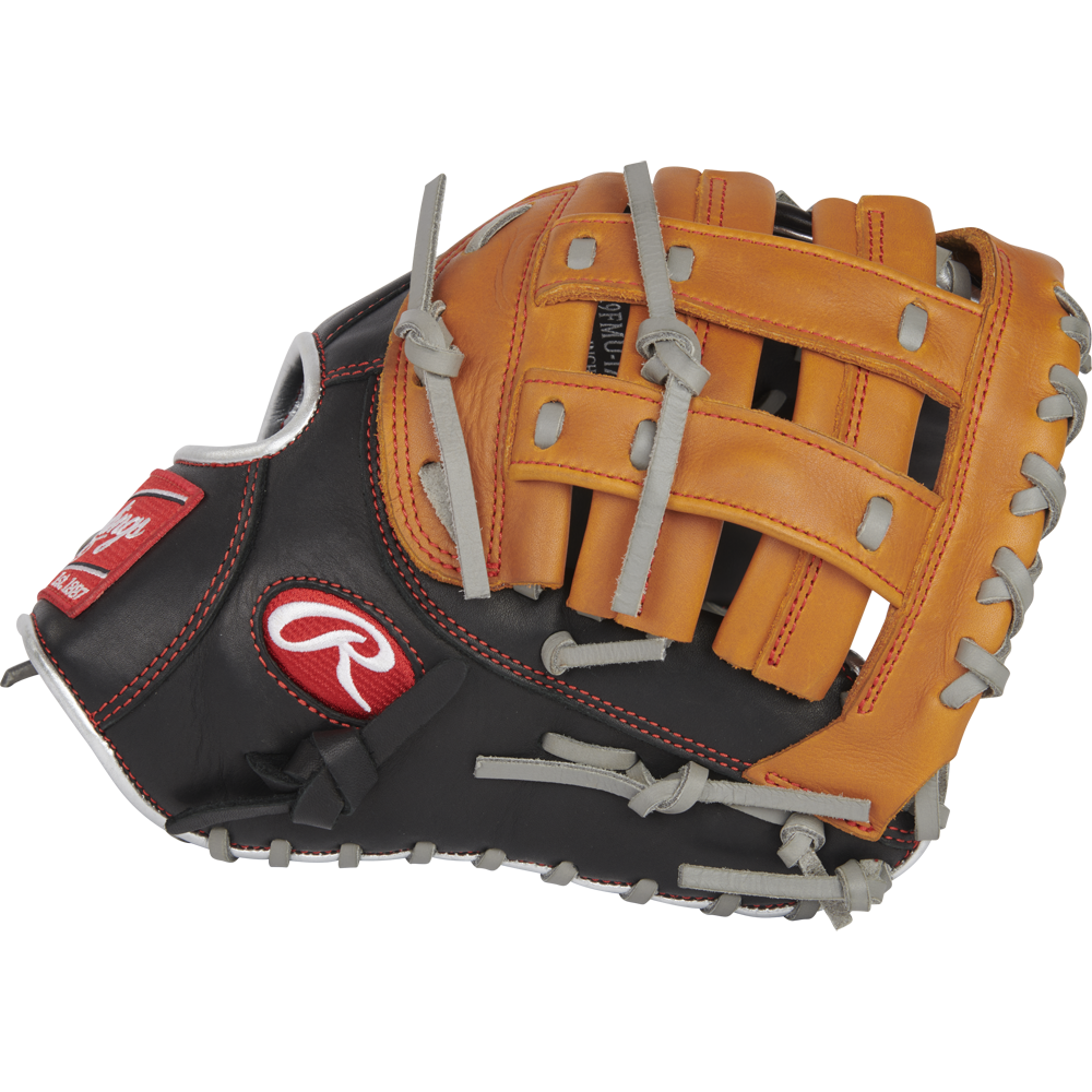 The Rawlings R9 12" ContoUR Baseball First Base Mitt (R9FMU-17BT), a brown and black youth glove with gray laces and a red logo patch, is pictured on a white background.