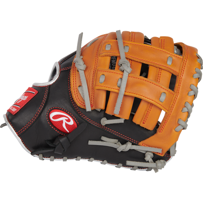 The Rawlings R9 12" ContoUR Baseball First Base Mitt (R9FMU-17BT), a brown and black youth glove with gray laces and a red logo patch, is pictured on a white background.
