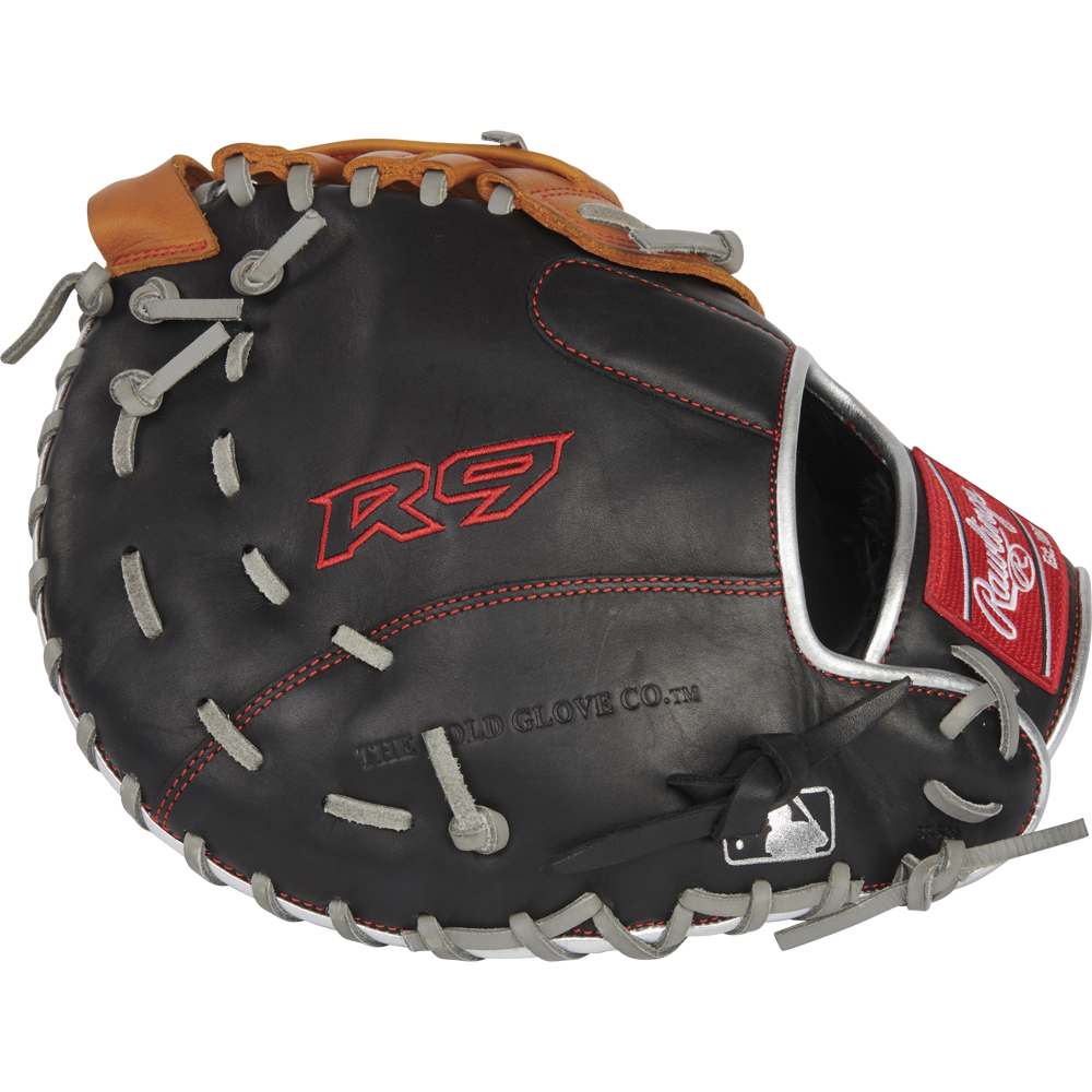 The Rawlings R9 12" ContoUR Baseball First Base Mitt (R9FMU-17BT) features a black and tan design with gray laces, red stitching, red R9 lettering, and the Rawlings logo patch near the wrist. Game-ready leather construction.