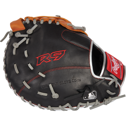The Rawlings R9 12" ContoUR Baseball First Base Mitt (R9FMU-17BT) features a black and tan design with gray laces, red stitching, red R9 lettering, and the Rawlings logo patch near the wrist. Game-ready leather construction.