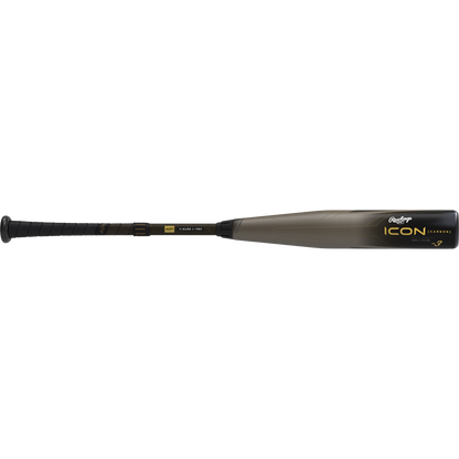 The 2023 Rawlings Icon (-3) BBCOR Baseball Bat: RBB3I3 (USED) features a black handle, gold accents, gray barrel, and carbon composite construction for a balanced swing weight. Shown on a white background.