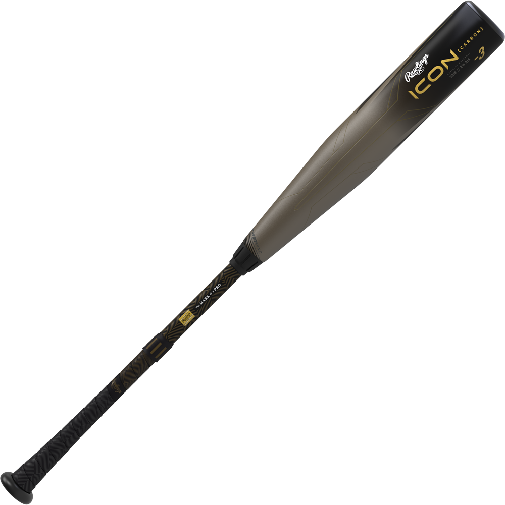 A black and metallic gray 2023 Rawlings Icon (-3) BBCOR Baseball Bat: RBB3I3 (USED), featuring gold accents, a textured grip handle, and balanced swing weight, is shown against a plain white background.