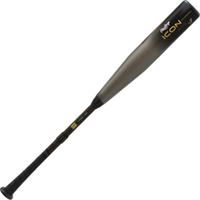 A black and metallic gray 2023 Rawlings Icon (-3) BBCOR Baseball Bat: RBB3I3 (USED), featuring gold accents, a textured grip handle, and balanced swing weight, is shown against a plain white background.