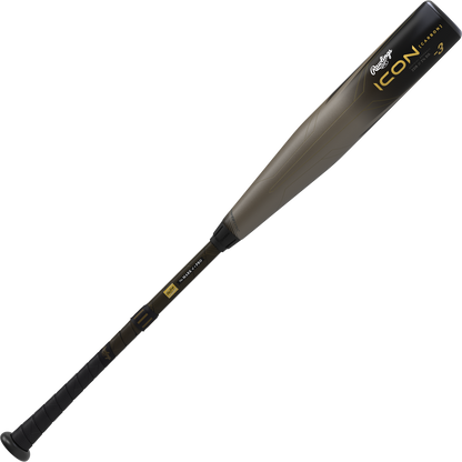 A black and metallic gray 2023 Rawlings Icon (-3) BBCOR Baseball Bat: RBB3I3 (USED), featuring gold accents, a textured grip handle, and balanced swing weight, is shown against a plain white background.