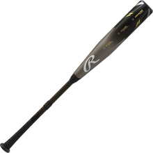 The 2023 Rawlings Icon (-3) BBCOR Baseball Bat (USED) has a black and gray design with yellow accents, a wrapped black handle, a large stylized R logo on the barrel, and offers a balanced swing weight.