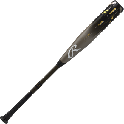 The 2023 Rawlings Icon (-3) BBCOR Baseball Bat (USED) has a black and gray design with yellow accents, a wrapped black handle, a large stylized R logo on the barrel, and offers a balanced swing weight.