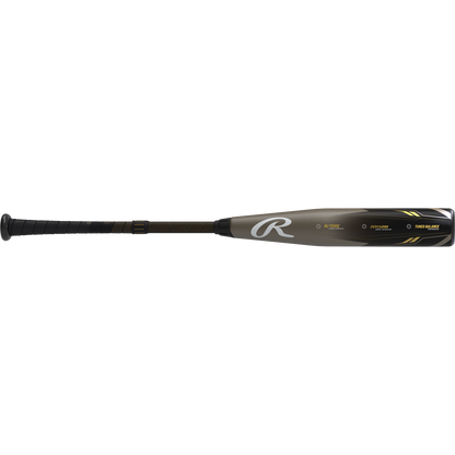 A used 2023 Rawlings Icon (-3) BBCOR Baseball Bat (RBB3I3) in black and gold, featuring a textured grip handle, metallic finish, balanced swing weight, and model details on the barrel.