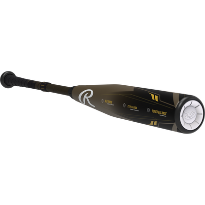 The 2023 Rawlings Icon (-3) BBCOR Baseball Bat: RBB3I3 (USED) features a black and gold design, tapered handle, textured grip, white logo, balanced swing weight, and Tuned Balance and Zero Loss text on the barrel.