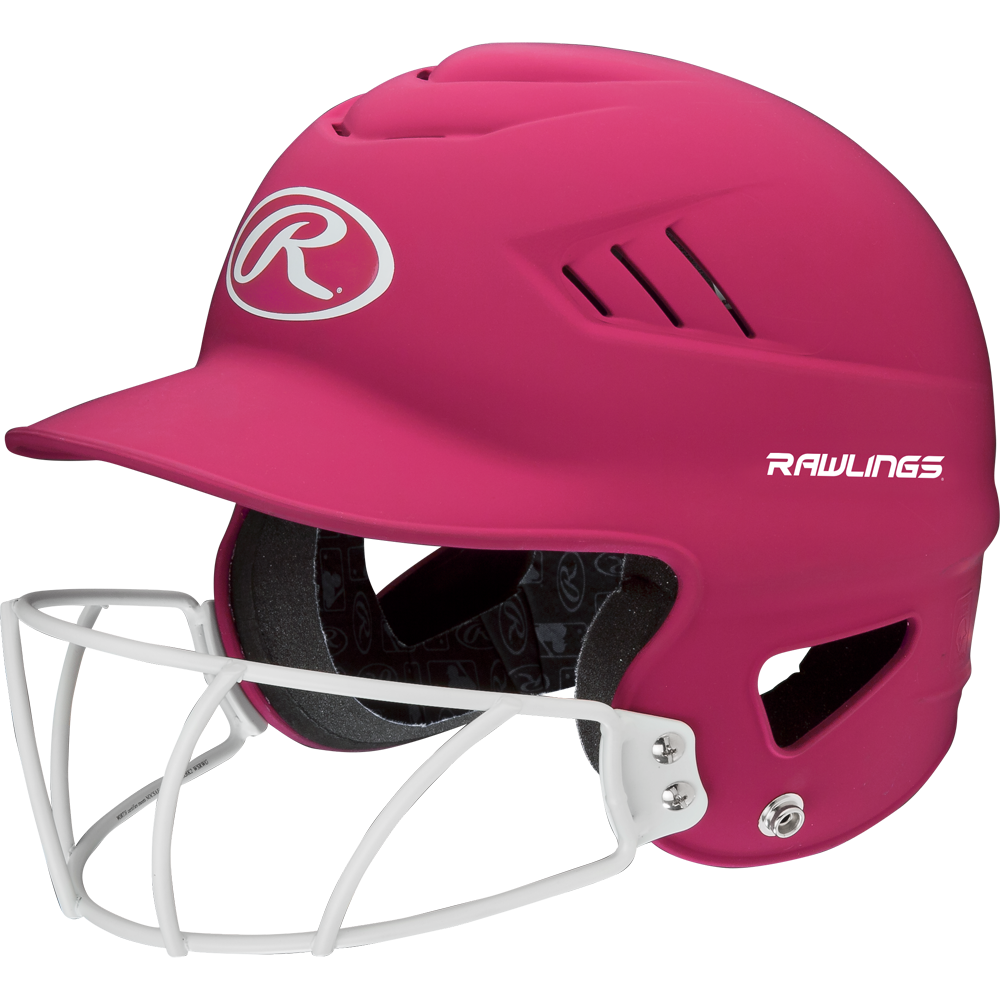 The Rawlings Coolflo Highlighter Matte Batting Helmet with Mask (RCFHLFG) features a bright pink finish, ventilation slits, a white face guard, and white Rawlings logos on the front and side.