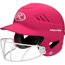 The Rawlings Coolflo Highlighter Matte Batting Helmet with Mask (RCFHLFG) features a bright pink finish, ventilation slits, a white face guard, and white Rawlings logos on the front and side.