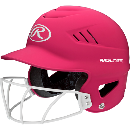 The Rawlings Coolflo Highlighter Matte Batting Helmet with Mask (RCFHLFG) features a bright pink finish, ventilation slits, a white face guard, and white Rawlings logos on the front and side.