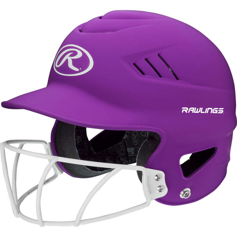 A Rawlings Coolflo Highlighter Matte Batting Helmet with Mask (RCFHLFG) for softball, featuring a white metal face guard and ventilation holes, is shown against a plain white background.