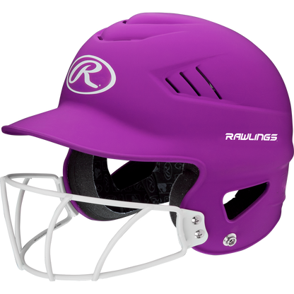 A Rawlings Coolflo Highlighter Matte Batting Helmet with Mask (RCFHLFG) for softball, featuring a white metal face guard and ventilation holes, is shown against a plain white background.
