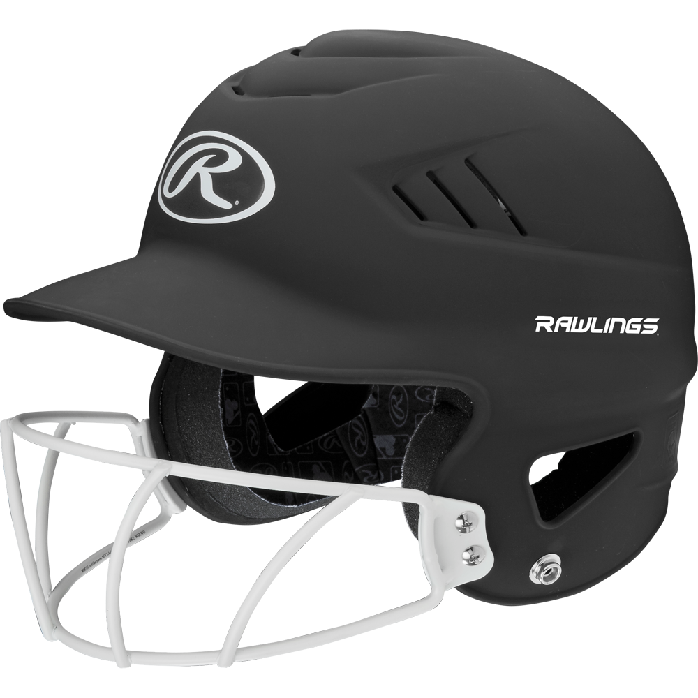 The Rawlings Coolflo Highlighter Matte Batting Helmet with Mask (RCFHLFG) features a matte black finish, white face guard, ventilation slots, and the Rawlings logo on the front and side.