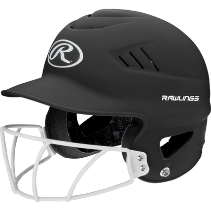 The Rawlings Coolflo Highlighter Matte Batting Helmet with Mask (RCFHLFG) features a matte black finish, white face guard, ventilation slots, and the Rawlings logo on the front and side.
