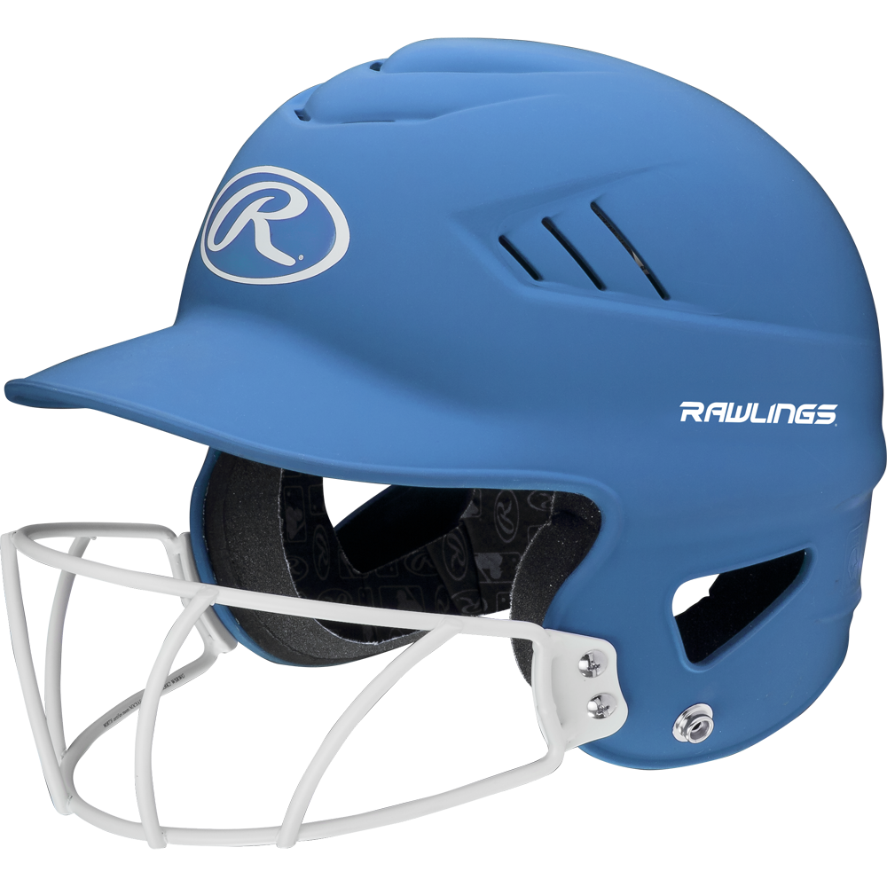 A blue Rawlings Coolflo Highlighter Matte Batting Helmet (RCFHLFG) with a white mask, ventilation slits, and Rawlings logos on the front and side.
