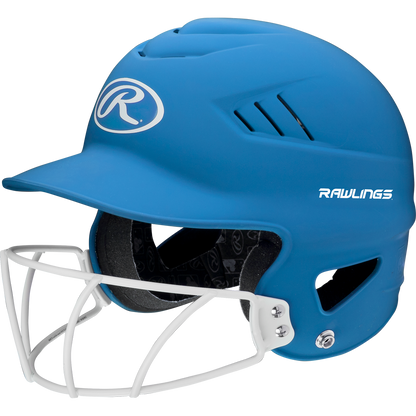 A blue Rawlings Coolflo Highlighter Matte Batting Helmet (RCFHLFG) with a white mask, ventilation slits, and Rawlings logos on the front and side.