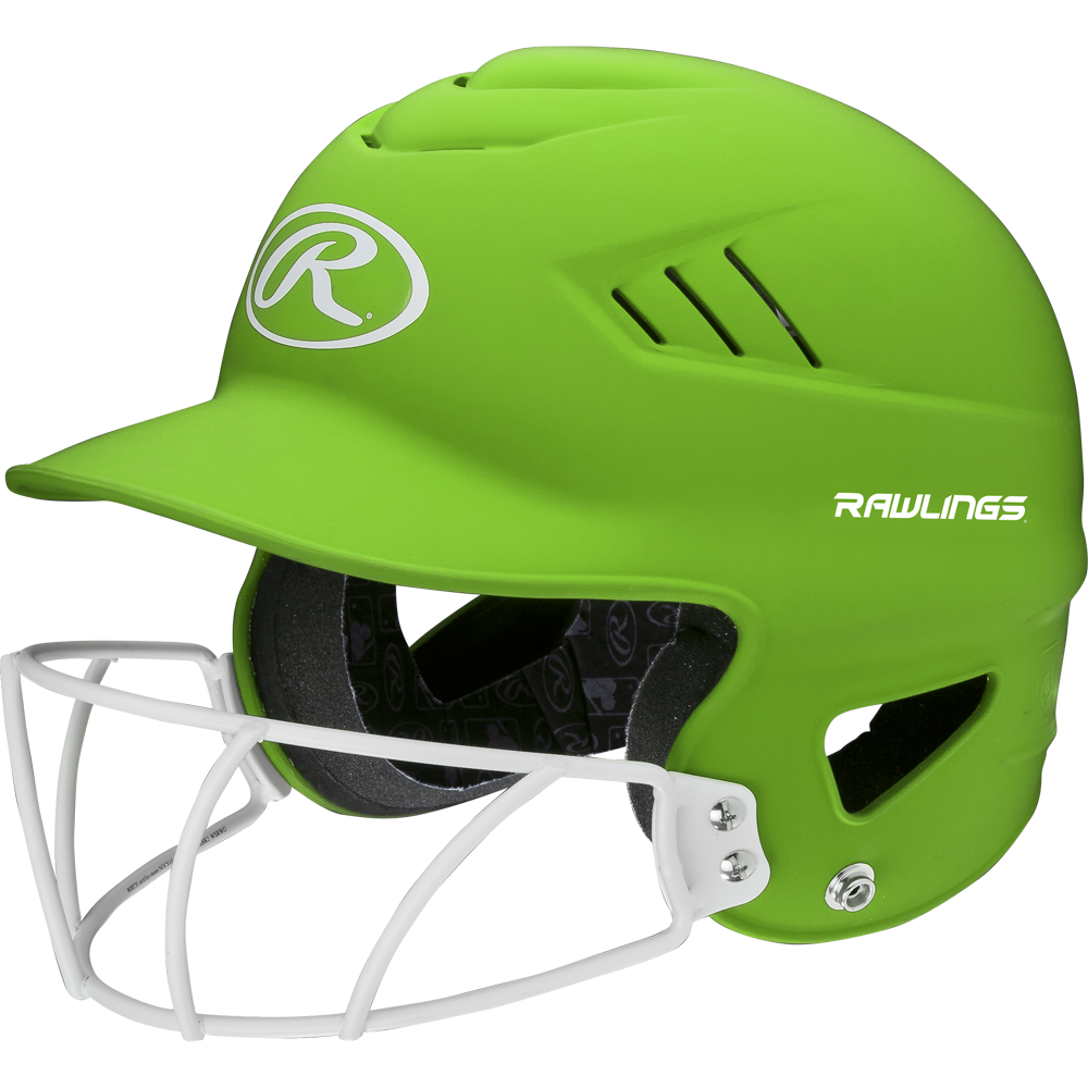 The Rawlings Coolflo Highlighter Matte Batting Helmet with Mask (RCFHLFG) features a bright green finish, white face guard, black inner padding, ventilation slits, and Rawlings logos on the front and side.