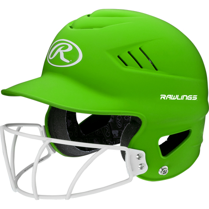 The Rawlings Coolflo Highlighter Matte Batting Helmet with Mask (RCFHLFG) features a bright green finish, white face guard, black inner padding, ventilation slits, and Rawlings logos on the front and side.