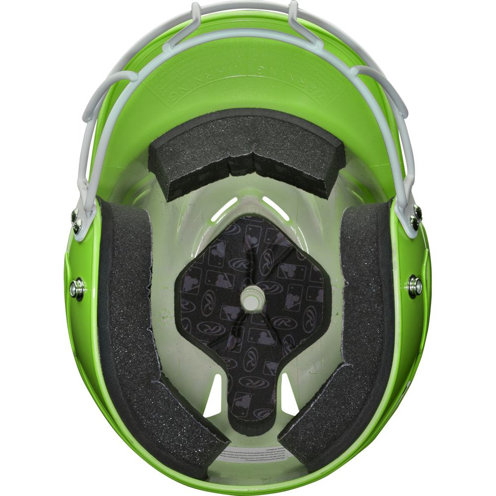 Top view of the Rawlings Coolflo Highlighter Matte Batting Helmet with Mask (RCFHLFG), featuring black foam padding, a white metal faceguard, and a central black logo pattern inside.