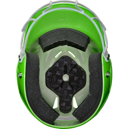 Top view of the Rawlings Coolflo Highlighter Matte Batting Helmet with Mask (RCFHLFG), featuring black foam padding, a white metal faceguard, and a central black logo pattern inside.