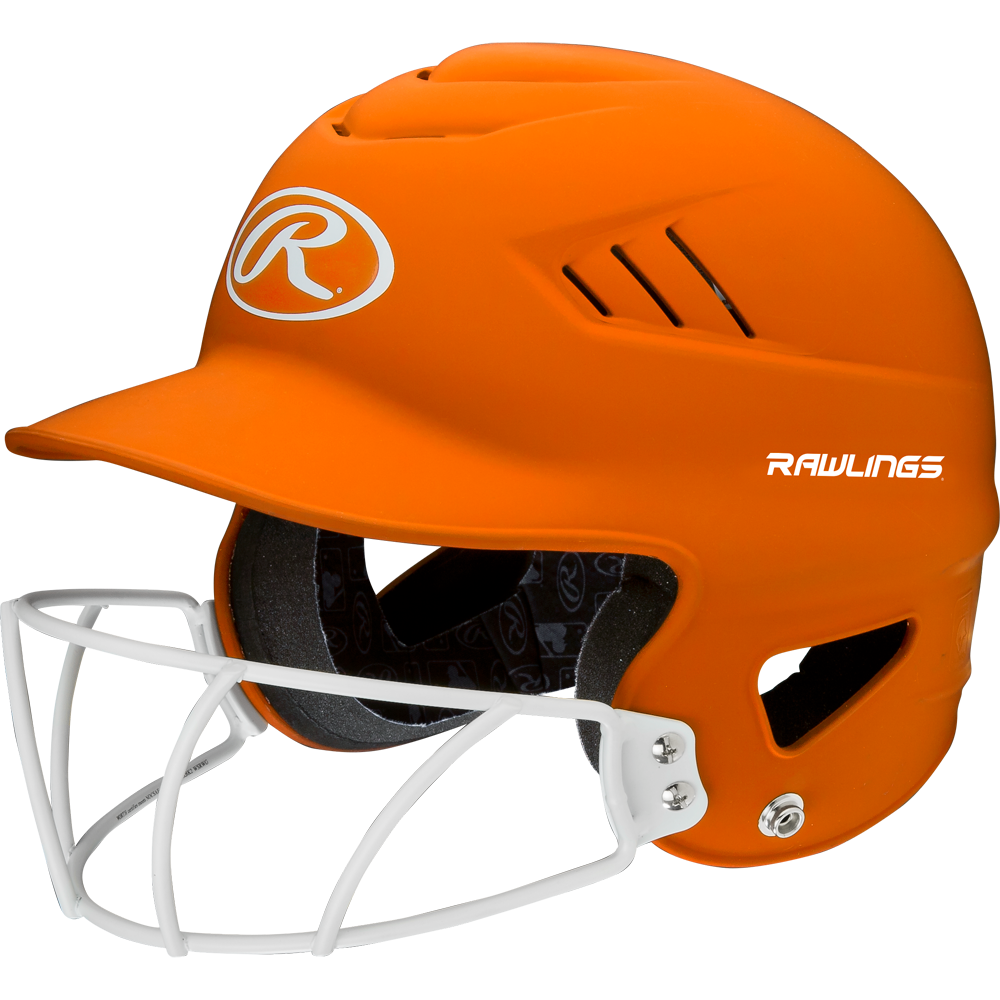 The Rawlings Coolflo Highlighter Matte Batting Helmet with Mask (RCFHLFG) features a bright orange matte finish, white faceguard, side ventilation slits, black interior padding for comfort, and bold white Rawlings branding.