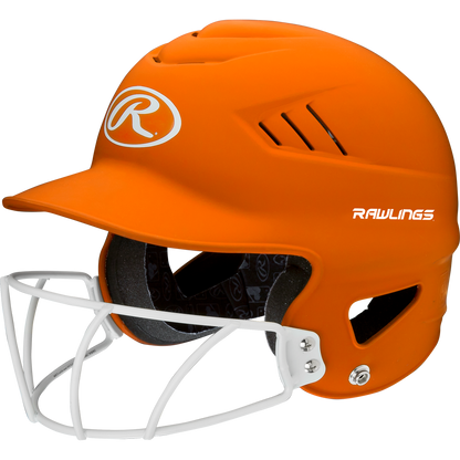 The Rawlings Coolflo Highlighter Matte Batting Helmet with Mask (RCFHLFG) features a bright orange matte finish, white faceguard, side ventilation slits, black interior padding for comfort, and bold white Rawlings branding.
