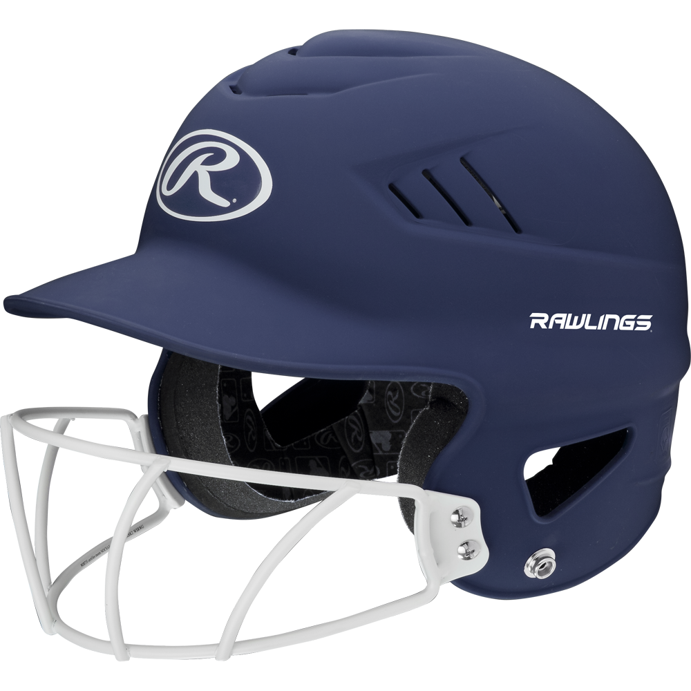 The Rawlings Coolflo Highlighter Matte Batting Helmet with Mask (RCFHLFG) from Rawlings features a navy blue finish, white face guard, ventilation slits, and displays the Rawlings logo on the front and side.