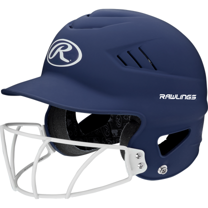 The Rawlings Coolflo Highlighter Matte Batting Helmet with Mask (RCFHLFG) from Rawlings features a navy blue finish, white face guard, ventilation slits, and displays the Rawlings logo on the front and side.