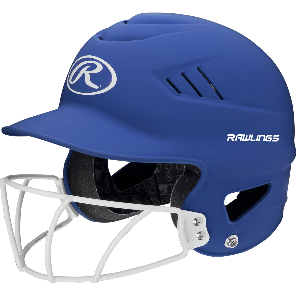 A Rawlings Coolflo Highlighter Matte Batting Helmet with Mask (RCFHLFG), featuring a blue finish, white face guard, black interior padding, and ventilation slits, is displayed on a plain white background.