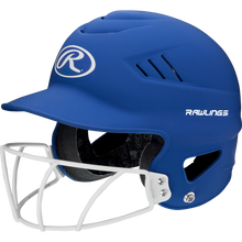 A Rawlings Coolflo Highlighter Matte Batting Helmet with Mask (RCFHLFG), featuring a blue finish, white face guard, black interior padding, and ventilation slits, is displayed on a plain white background.